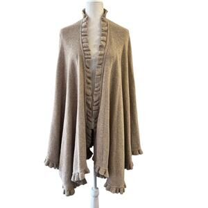 Sutton Studio Made in Italy Wool Knit Ruffled Shawl Wrap Poncho Beige OS